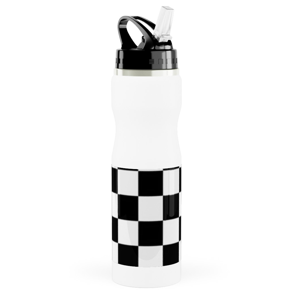Checker - Black and White Stainless Steel Water Bottle with Straw, 25oz, With Straw, Black