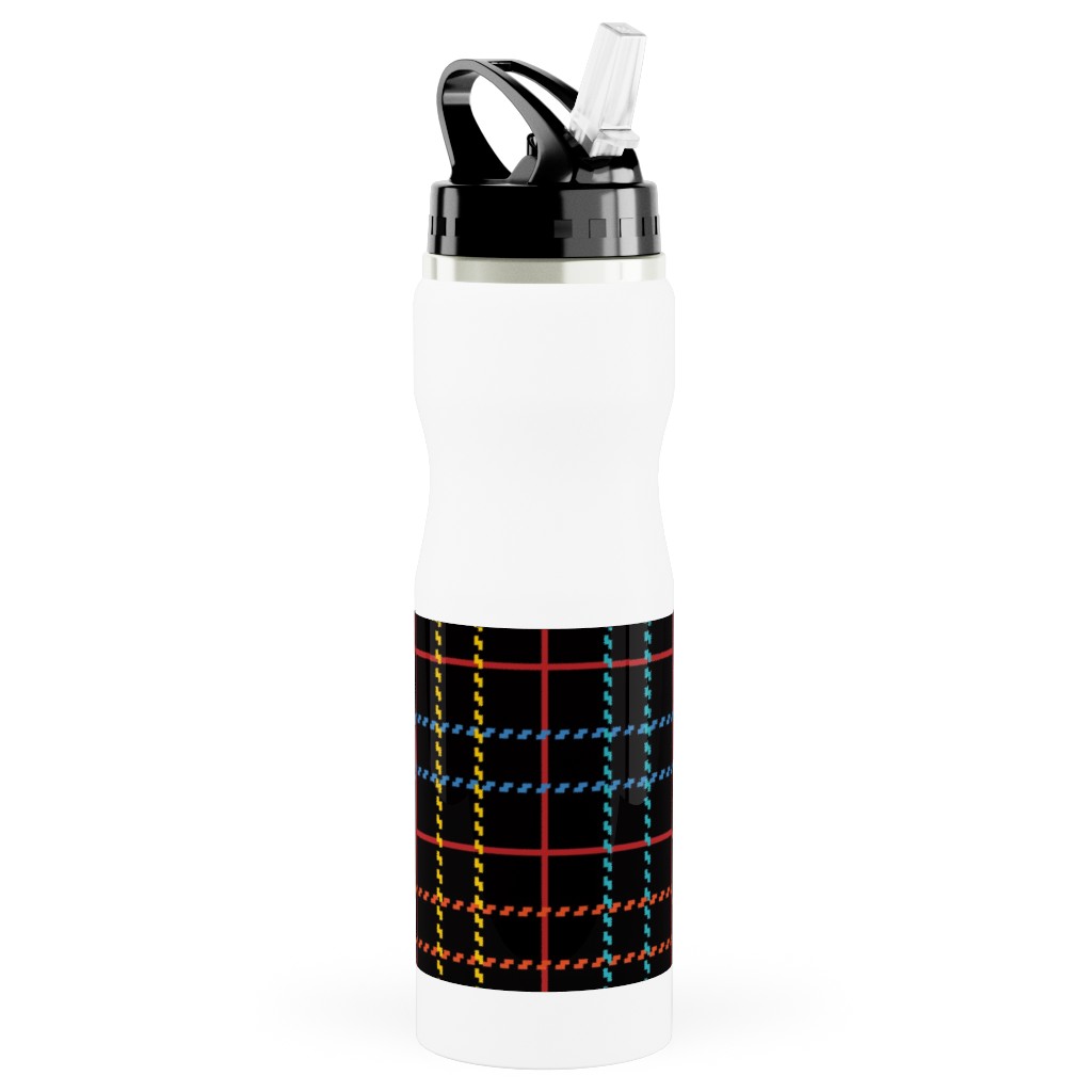 Grid Plaid - Dark Multi Stainless Steel Water Bottle with Straw, 25oz, With Straw, Black