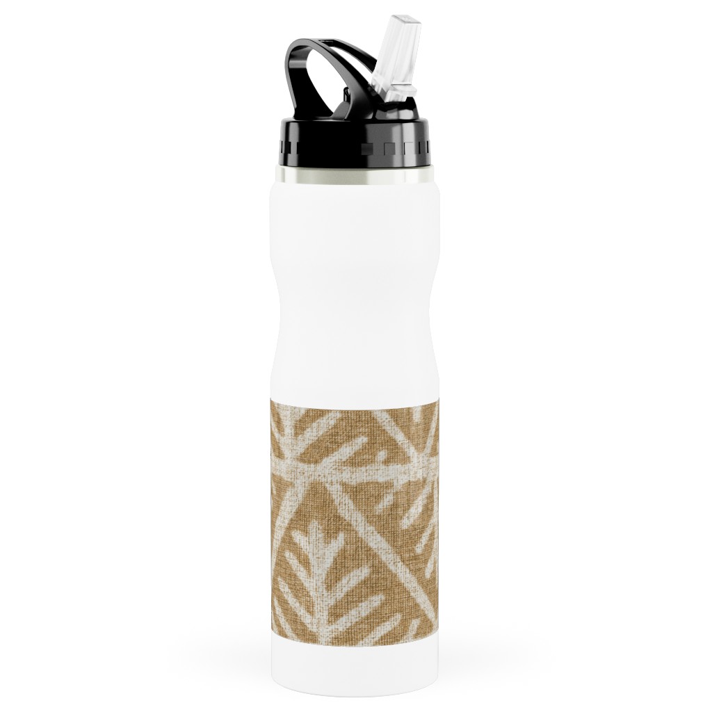 Textured Mudcloth Stainless Steel Water Bottle with Straw, 25oz, With Straw, Brown, Cafe