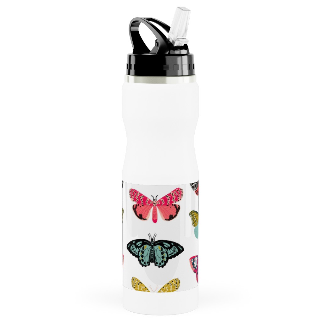 Moths and Butterflies Spring Garden - Light Stainless Steel Water Bottle with Straw, 25oz, With Straw, Multicolor