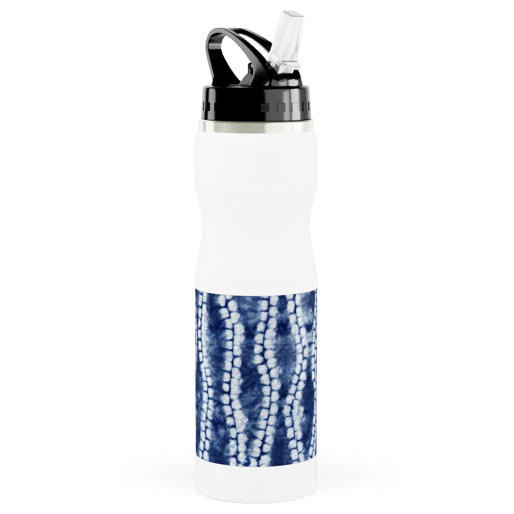 Shibori Ripples - Blue Stainless Steel Water Bottle with Straw, 25oz, With Straw, Blue