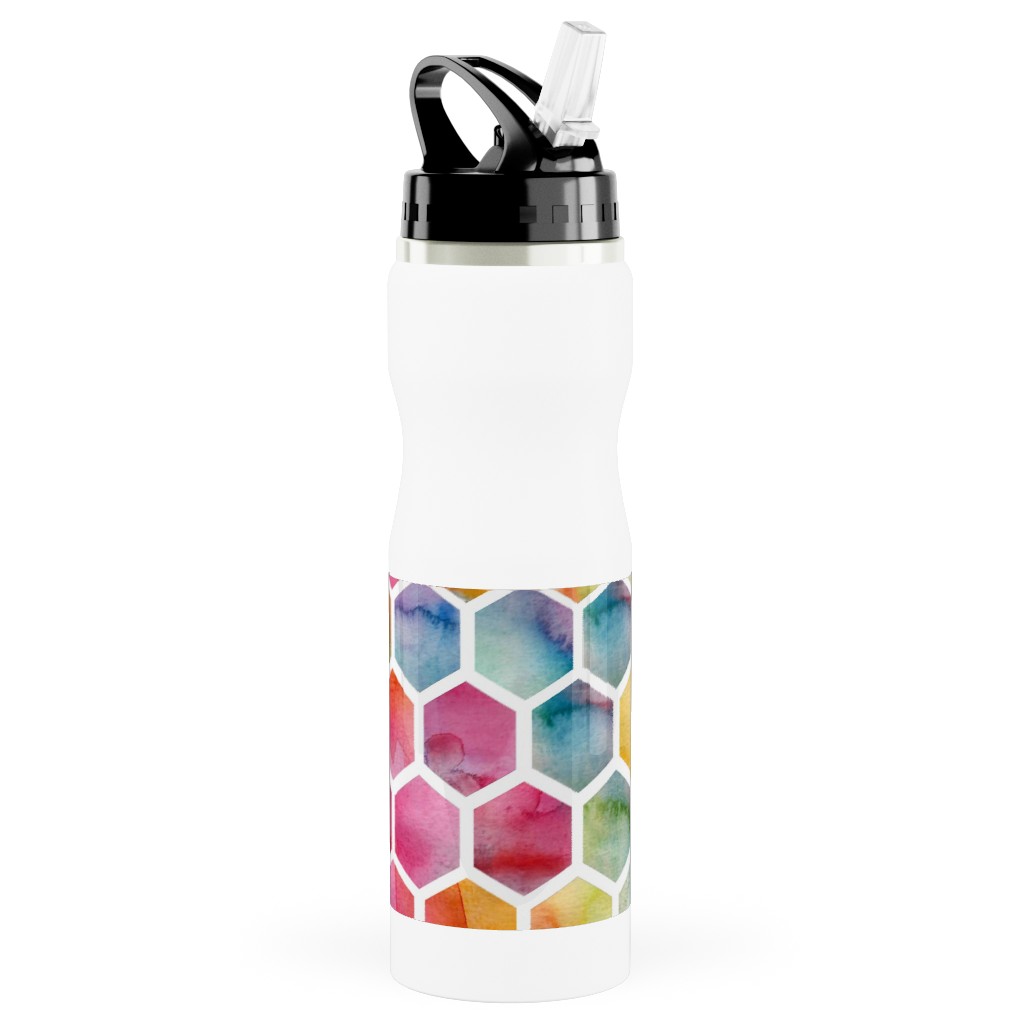 Watercolour Hexagons - Multi Stainless Steel Water Bottle with Straw, 25oz, With Straw, Multicolor