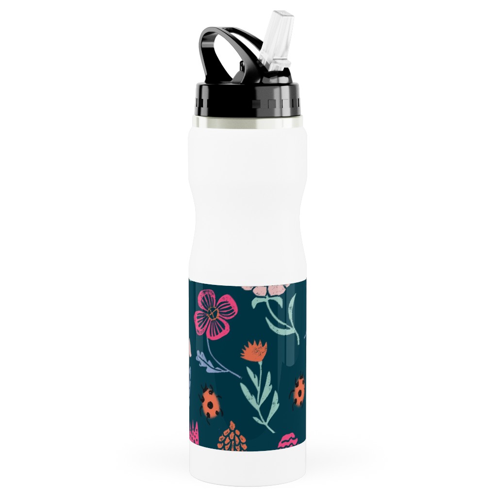 Spring Botanicals Linocut - Multi Stainless Steel Water Bottle with Straw, 25oz, With Straw, Multicolor