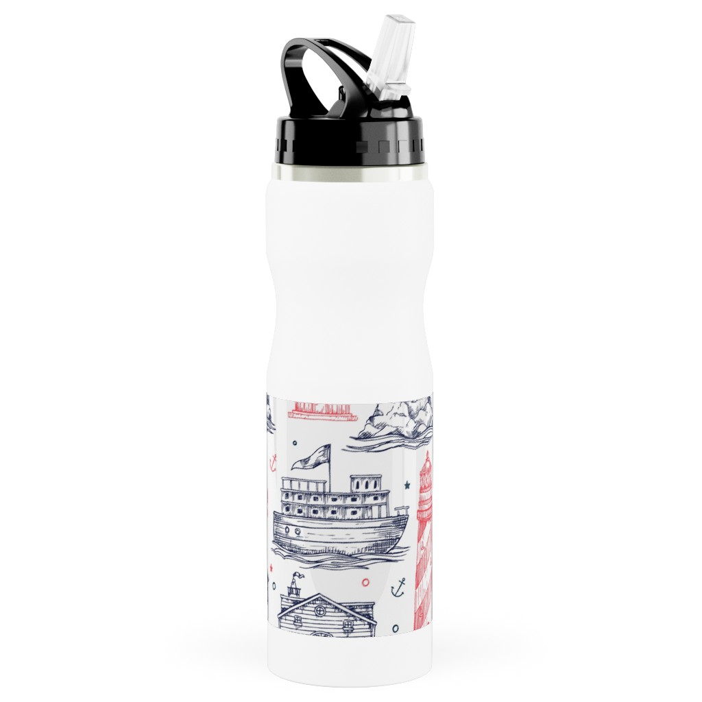 Sea Stories - Navy and Pink Stainless Steel Water Bottle with Straw, 25oz, With Straw, Blue, True Blue