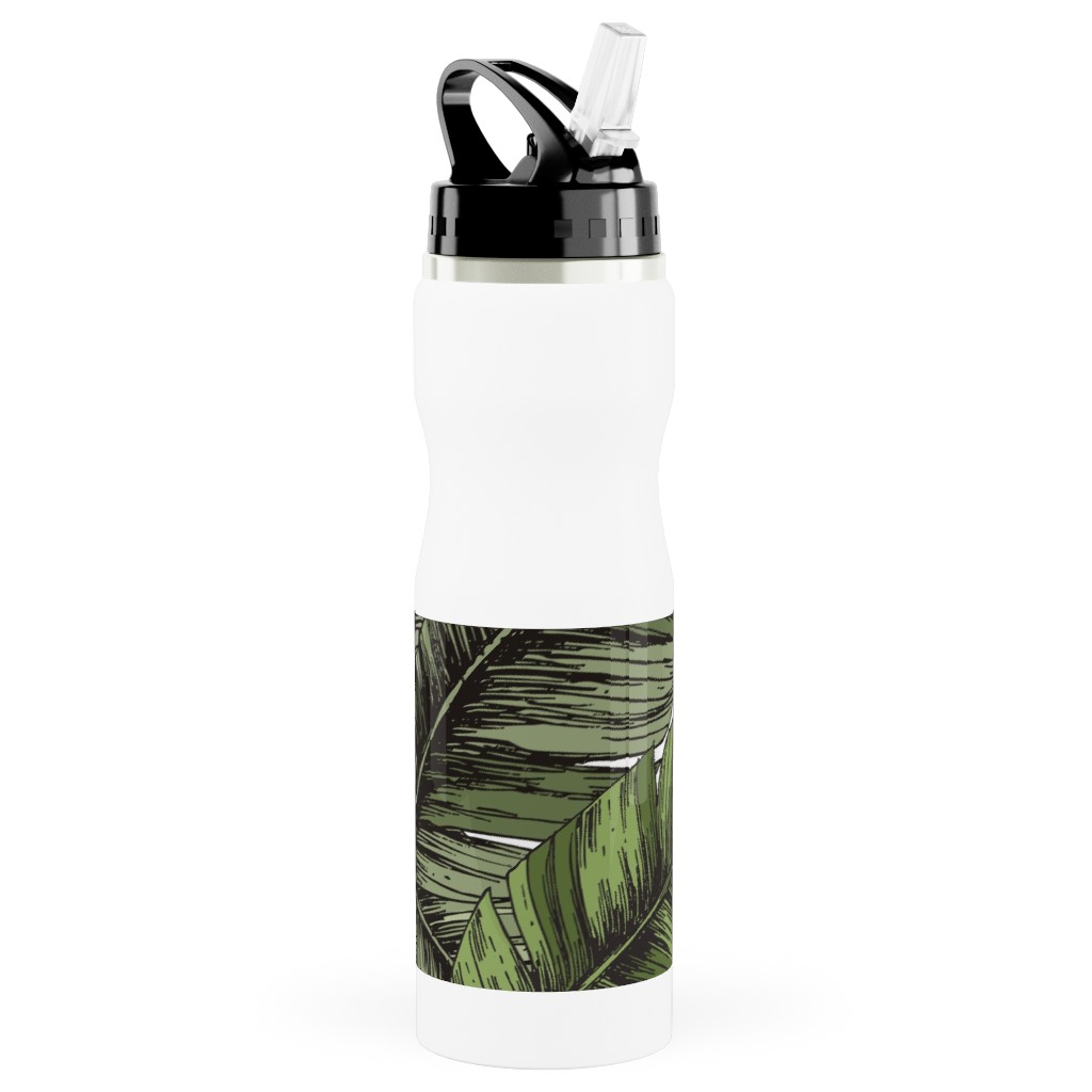 Tropical Palm Leaves - Green Stainless Steel Water Bottle with Straw, 25oz, With Straw, Green