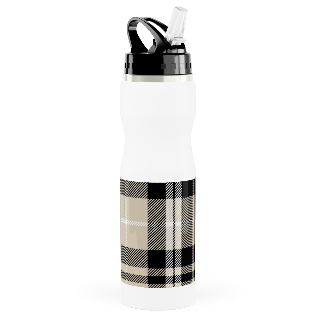Fall Plaid Stainless Steel Water Bottle with Straw, 25oz, With Straw, Beige, Black