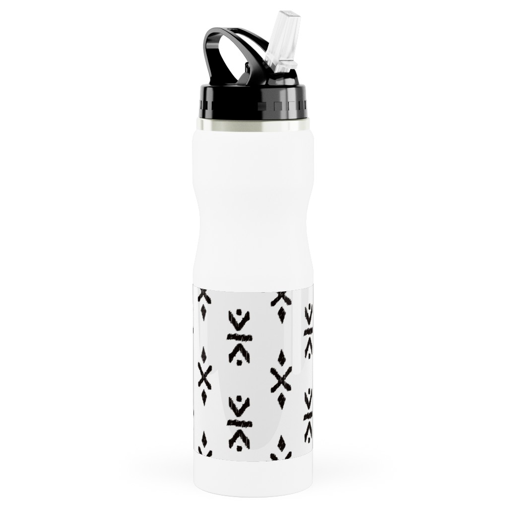 Monochrome Tribal Print - Neutral Stainless Steel Water Bottle with Straw