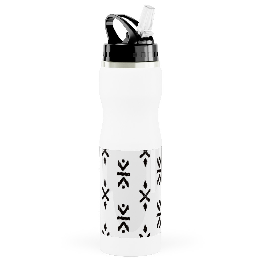 Monochrome Tribal Print - Neutral Stainless Steel Water Bottle with Straw, 25oz, With Straw, White, White