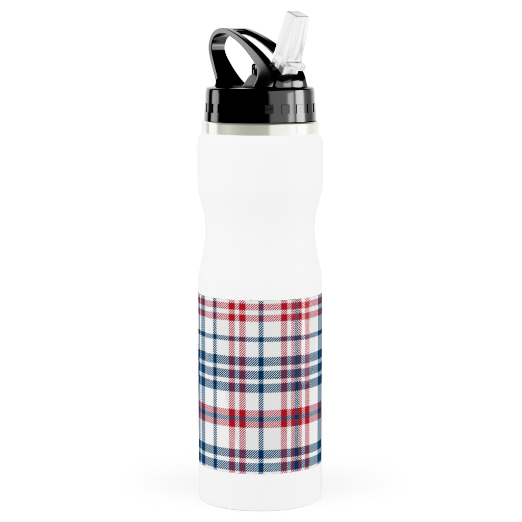 American Plaid - Blue and Red Stainless Steel Water Bottle with Straw, 25oz, With Straw, Multicolor