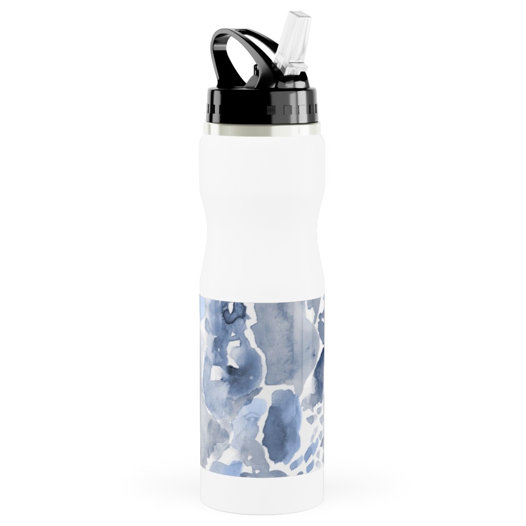 Happy Abstract Watercolor Stainless Steel Water Bottle with Straw, 25oz, With Straw, Blue