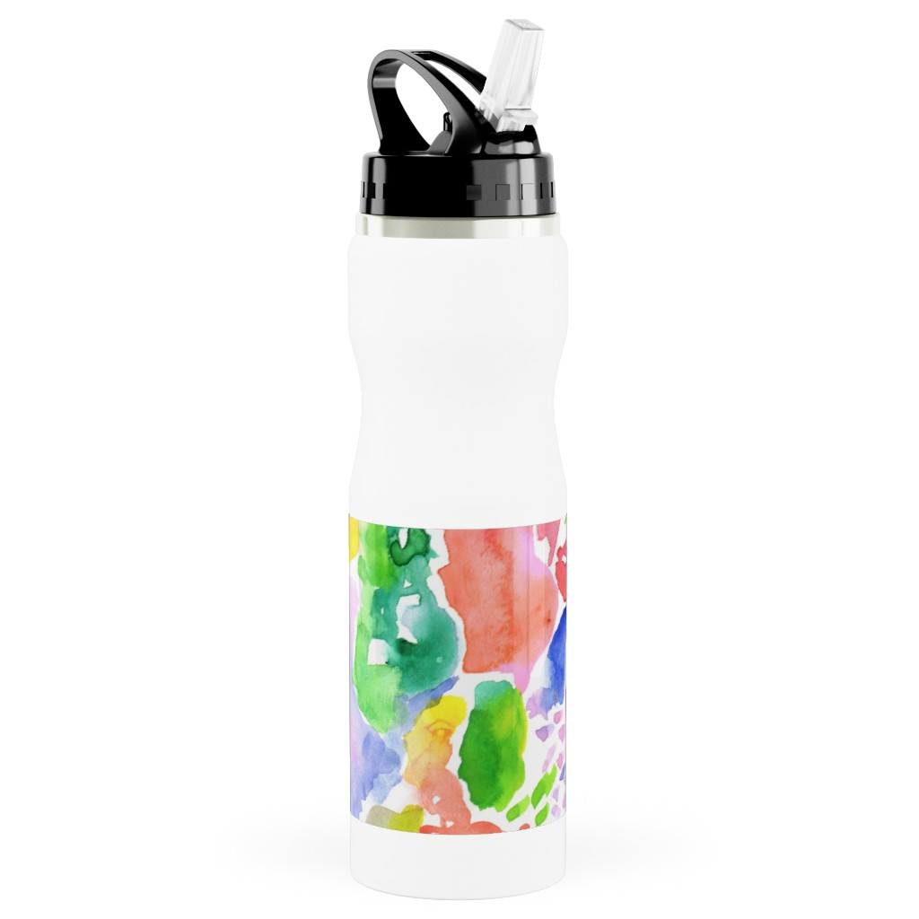 Happy Abstract Watercolor Stainless Steel Water Bottle with Straw, 25oz, With Straw, Multicolor