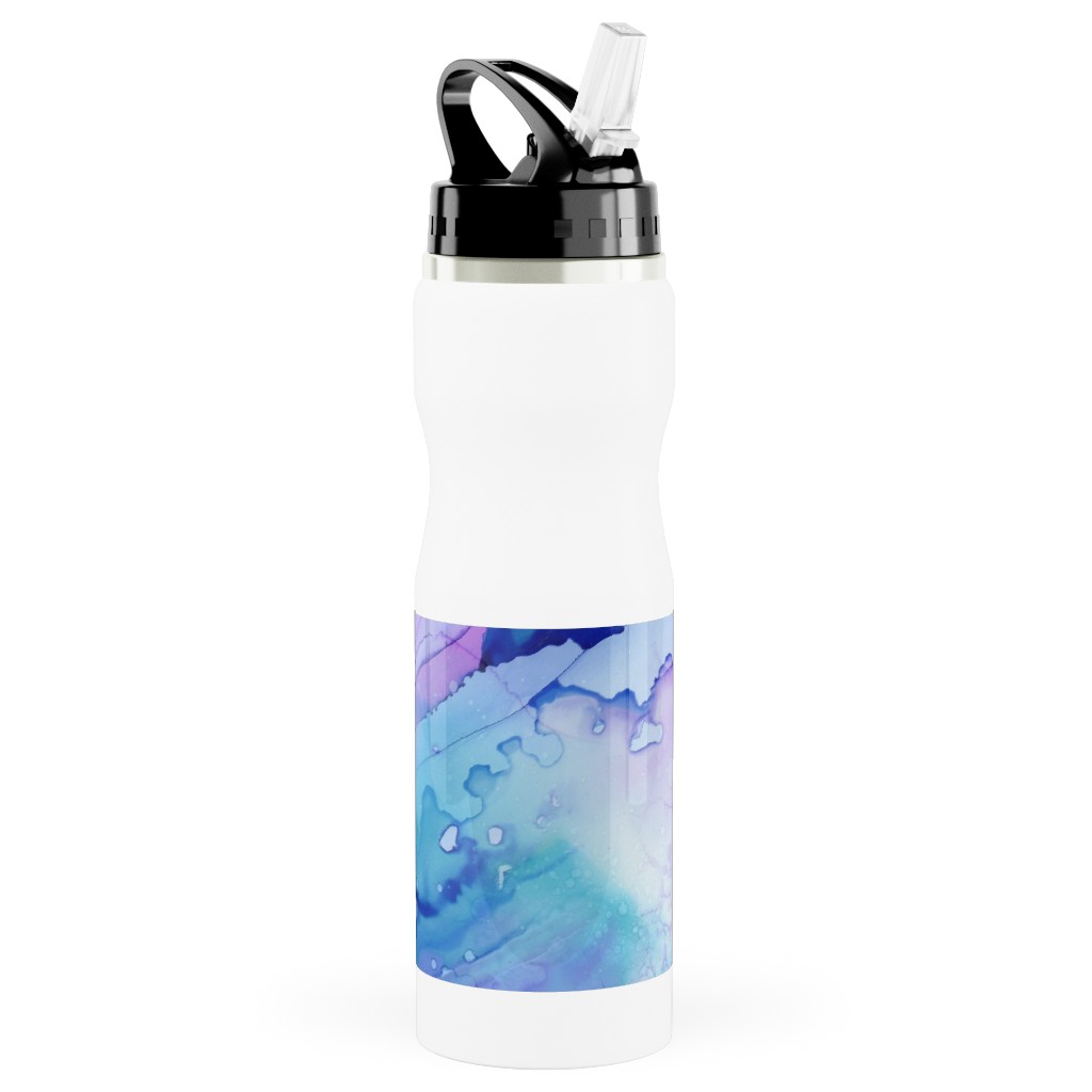 Watercolor Waves - Blue and Purple Stainless Steel Water Bottle with Straw, 25oz, With Straw, Blue