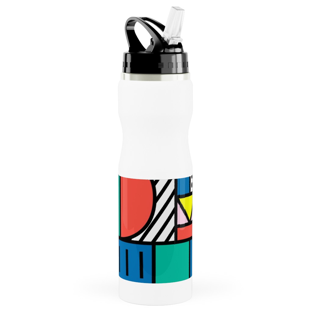 Memphis Color Block Stainless Steel Water Bottle with Straw, 25oz, With Straw, Multicolor