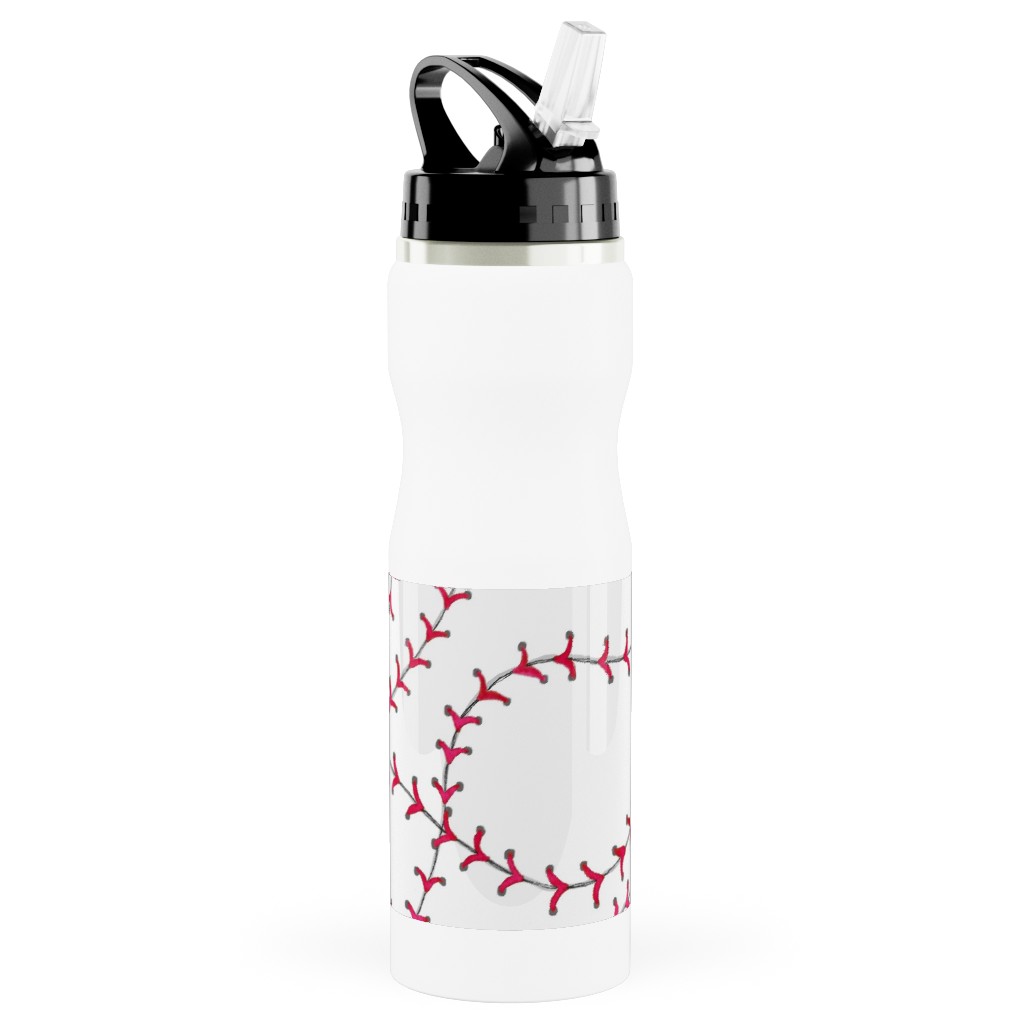 Baseball Seams - White Stainless Steel Water Bottle with Straw, 25oz, With Straw, Red