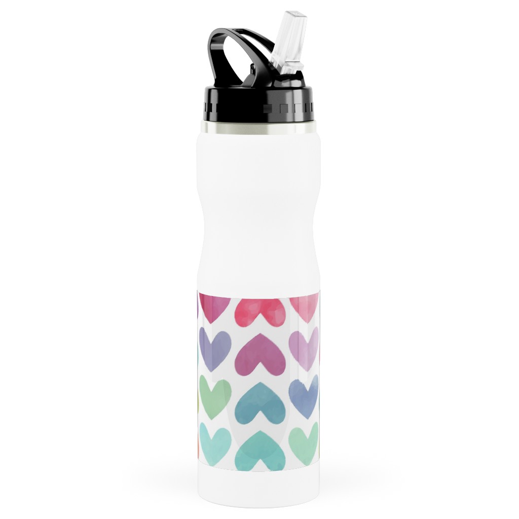 Rainbow Hearts - Multi Stainless Steel Water Bottle with Straw, 25oz, With Straw, Multicolor