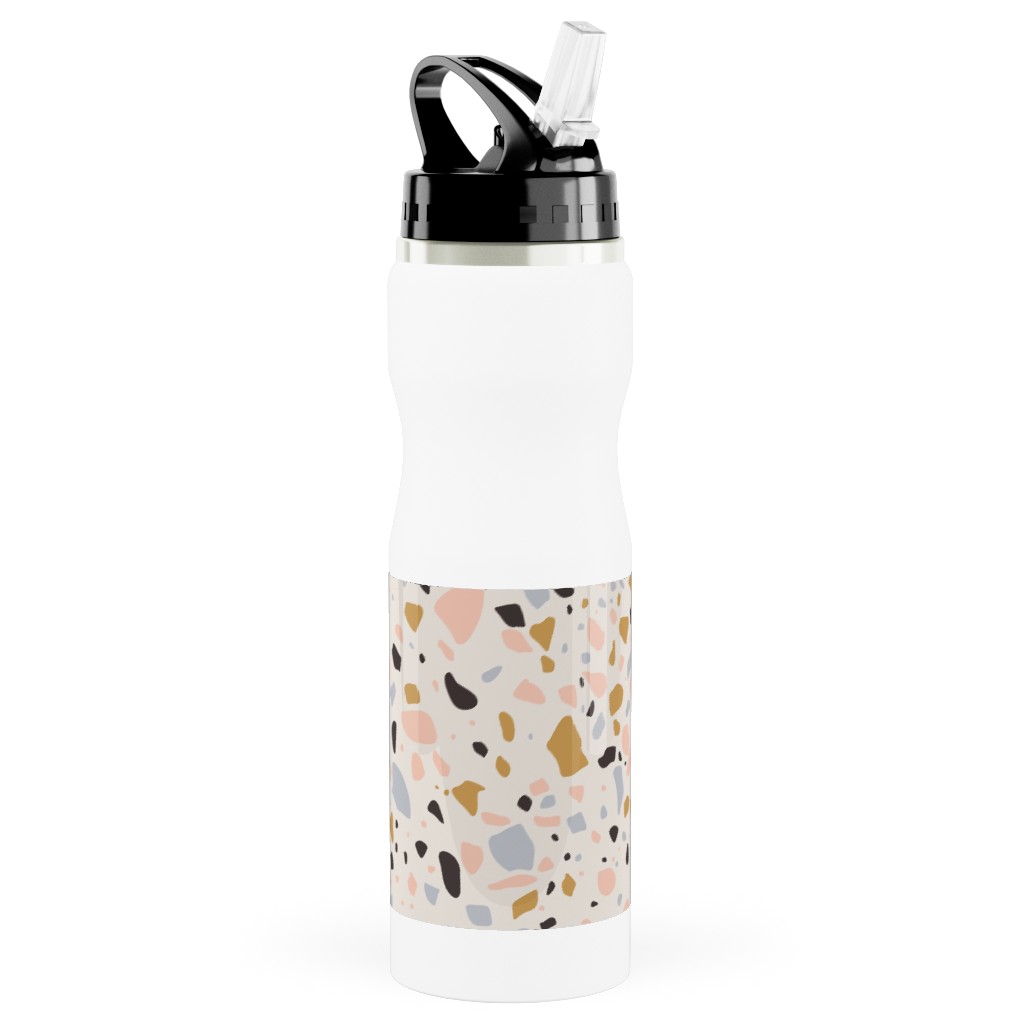 Terrazzo Coral - Gold Stainless Steel Water Bottle with Straw, 25oz, With Straw, Beige