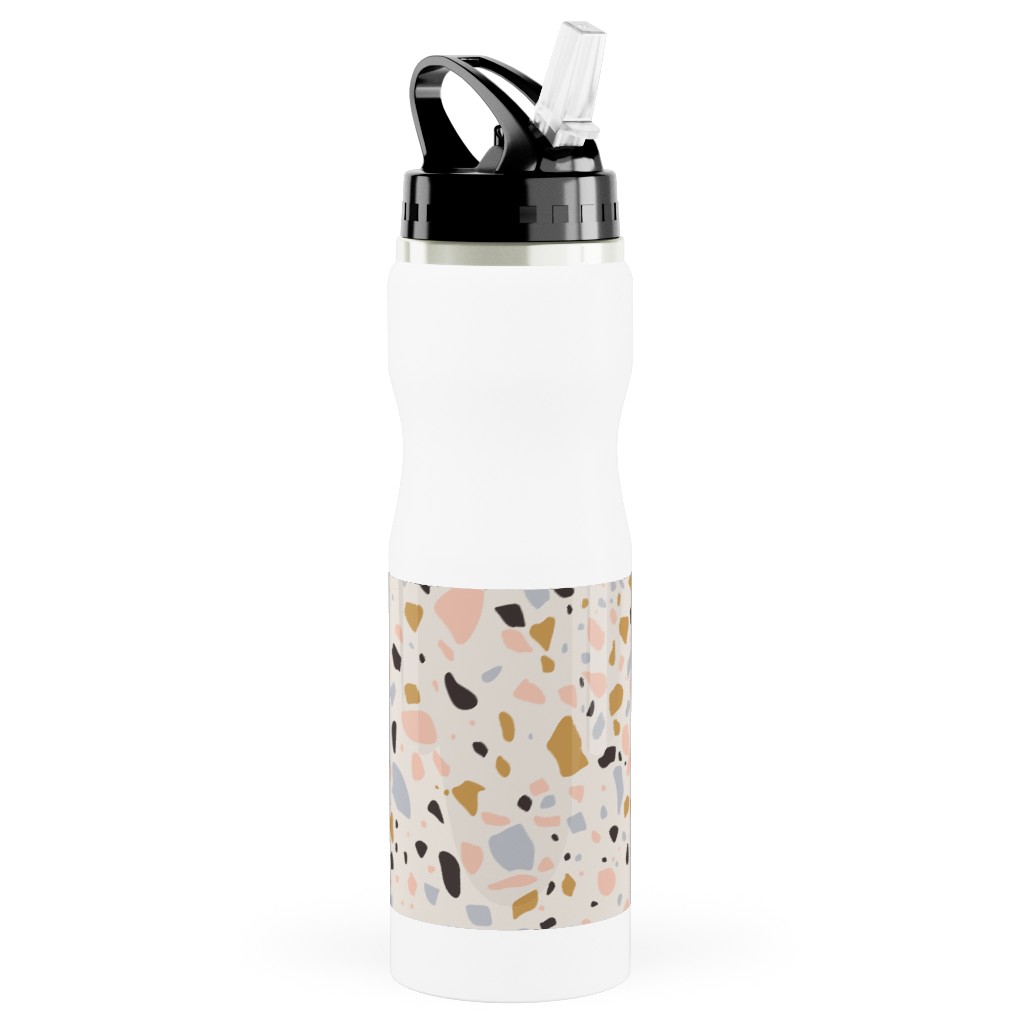 Terrazzo Coral - Gold Stainless Steel Water Bottle with Straw, 25oz, With Straw, Beige, Pearl
