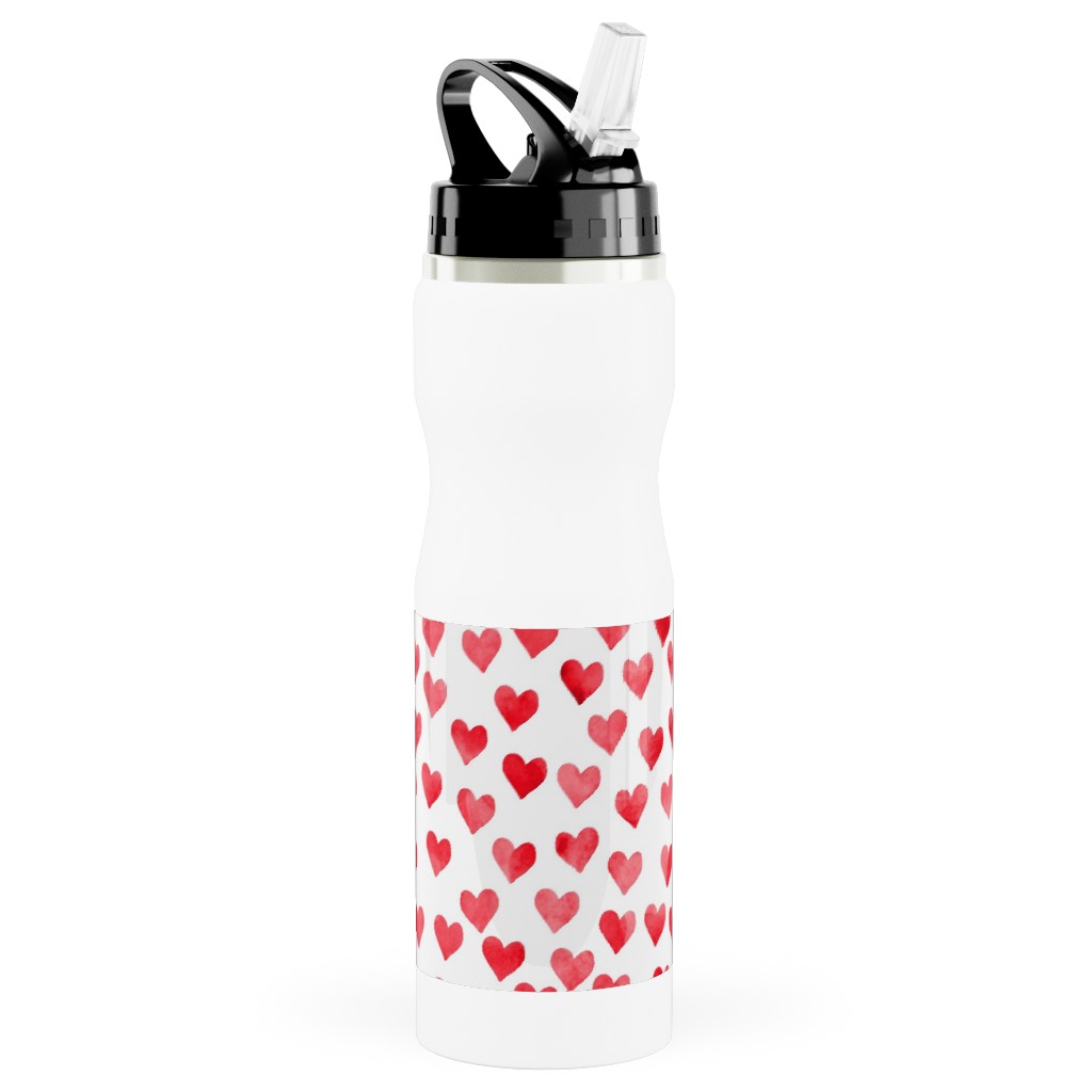 Watercolor Hearts - Red Stainless Steel Water Bottle with Straw, 25oz, With Straw, Red
