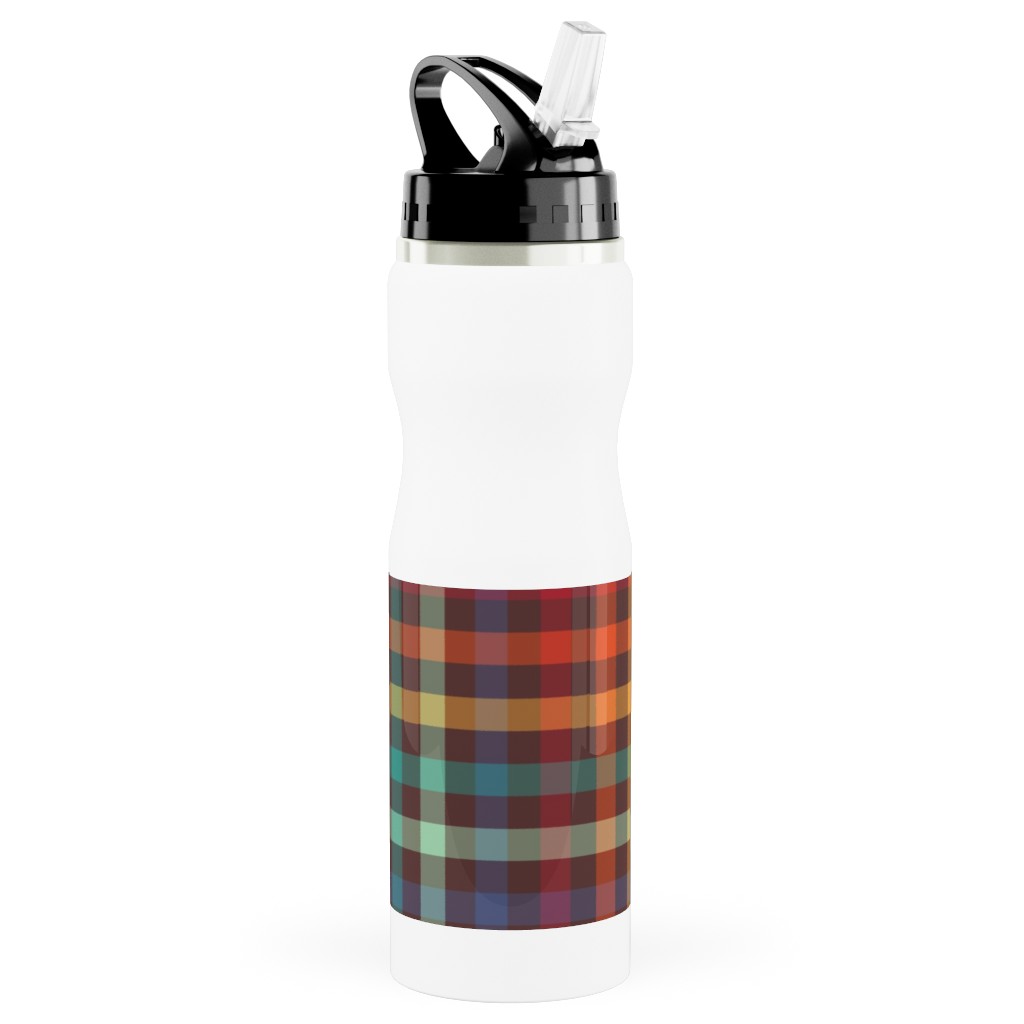 Retro Rainbow Plaid Stainless Steel Water Bottle with Straw, 25oz, With Straw, Multicolor