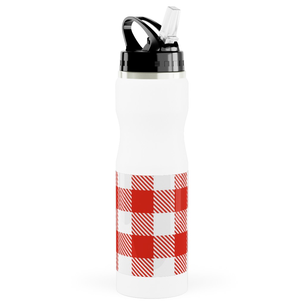 Red Gingham Pattern Stainless Steel Water Bottle with Straw, 25oz, With Straw, Red