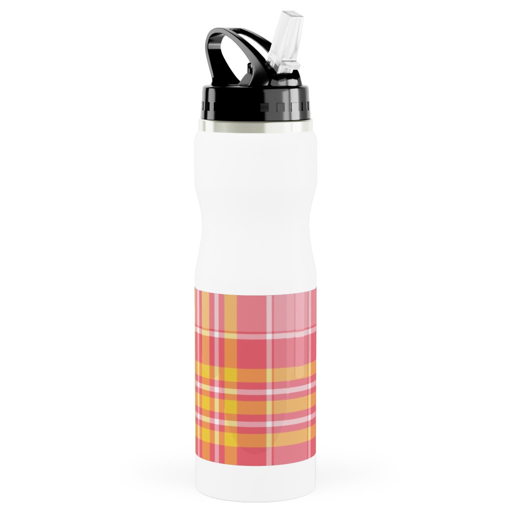 Plaid - Pink and Yellow Stainless Steel Water Bottle with Straw, 25oz, With Straw, Pink