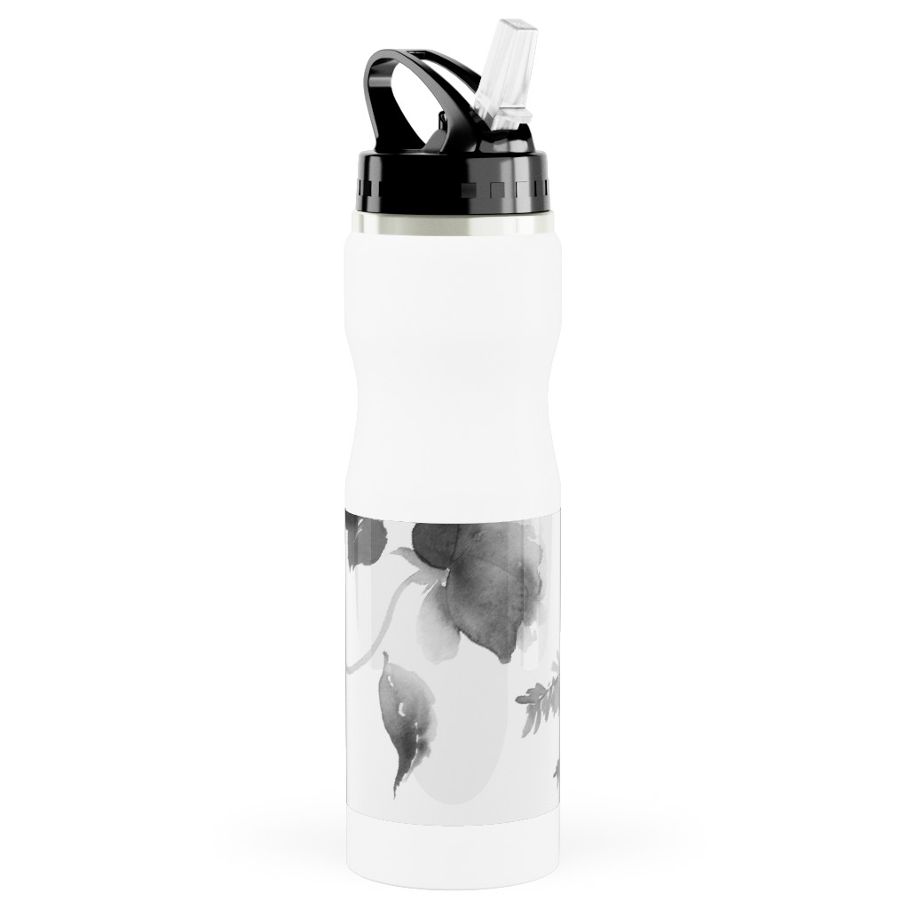 Spring Beginning - Black and White Stainless Steel Water Bottle with Straw, 25oz, With Straw, White