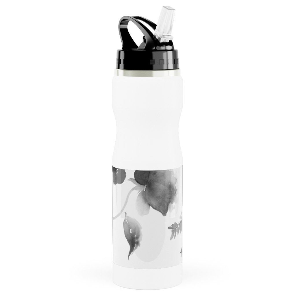 Spring Beginning - Black and White Stainless Steel Water Bottle with Straw, 25oz, With Straw, White, White