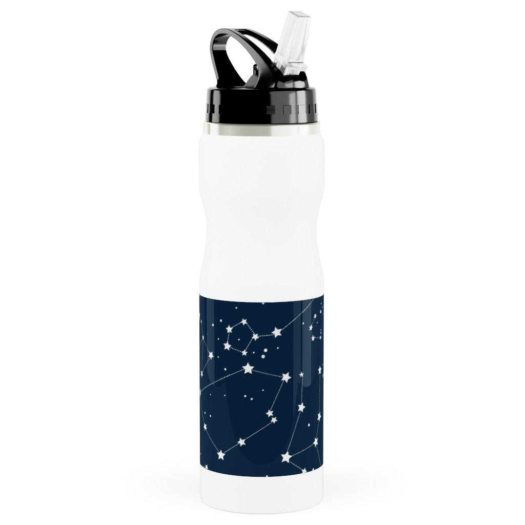 Constellations - White Stars on Navy Stainless Steel Water Bottle with Straw, 25oz, With Straw, Blue, True Blue