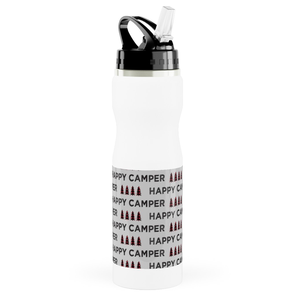 Happy Camper on Fog - Gray Stainless Steel Water Bottle with Straw, 25oz, With Straw, Brown, Brown