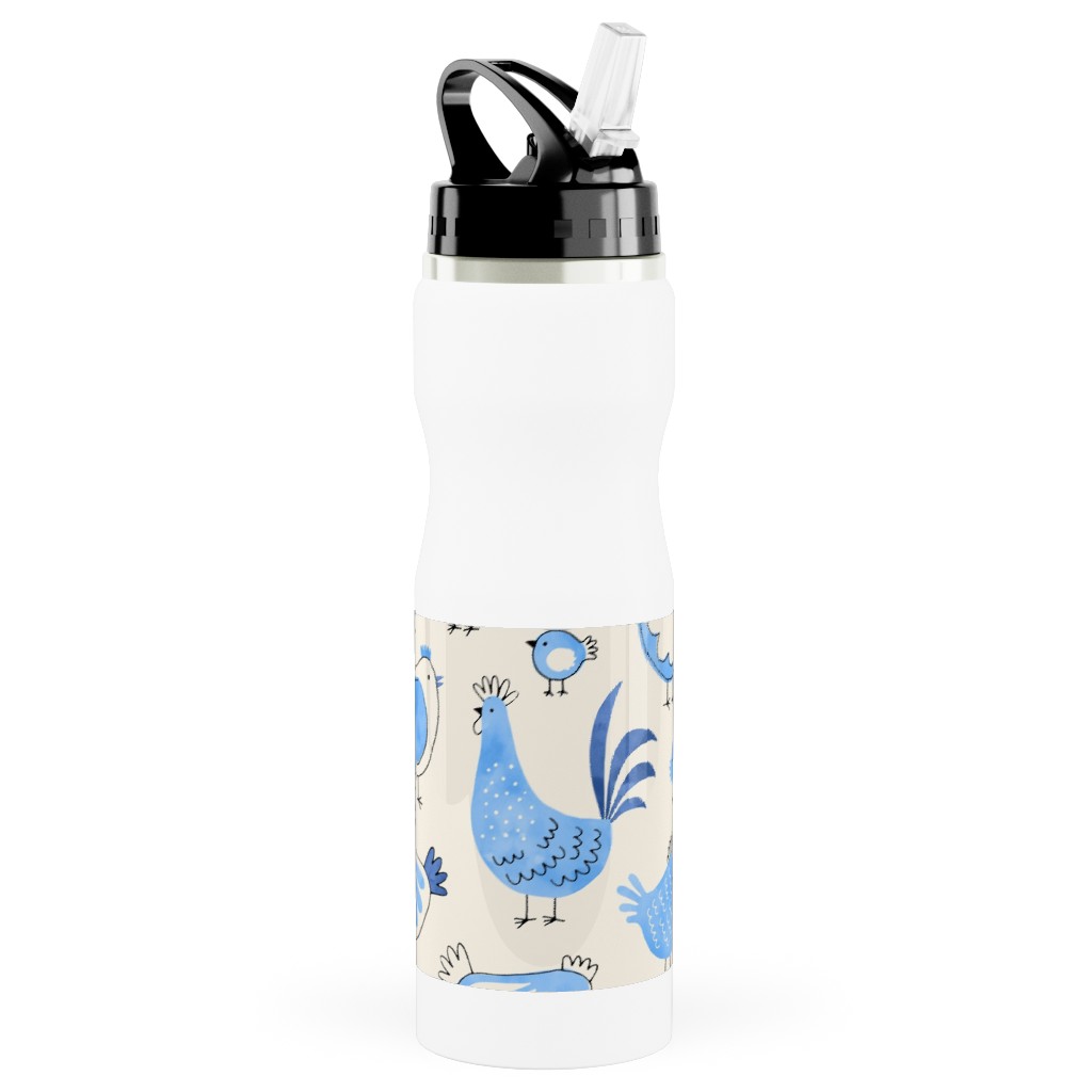 Chicken and Rooster - Watercolor - Blue on Creme Stainless Steel Water Bottle with Straw, 25oz, With Straw, Blue, True Blue