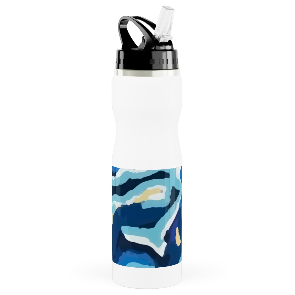 Psychedelic Blues Stainless Steel Water Bottle with Straw, 25oz, With Straw, Blue, True Blue