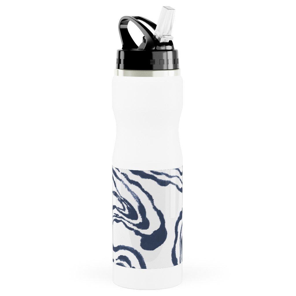 Oysters Paisley - Navy Stainless Steel Water Bottle with Straw, 25oz, With Straw, Blue, True Blue