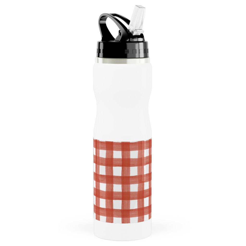 Red Watercolor Gingham Stainless Steel Water Bottle with Straw, 25oz, With Straw, Red
