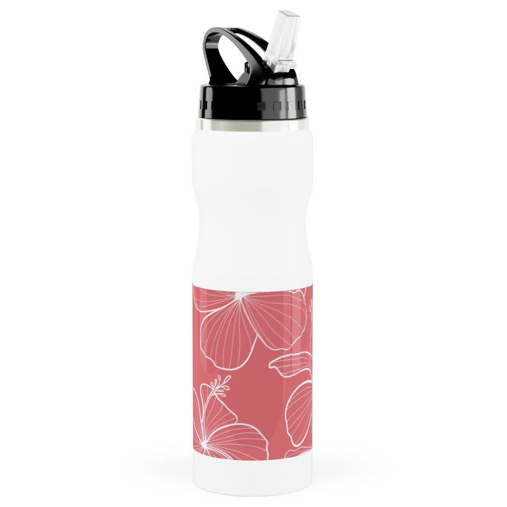 Hibiscus Line Art - Pink Stainless Steel Water Bottle with Straw, 25oz, With Straw, Pink