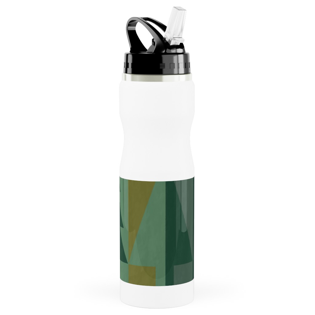 Geometric Forest - Red and Green Stainless Steel Water Bottle with Straw, 25oz, With Straw, Green