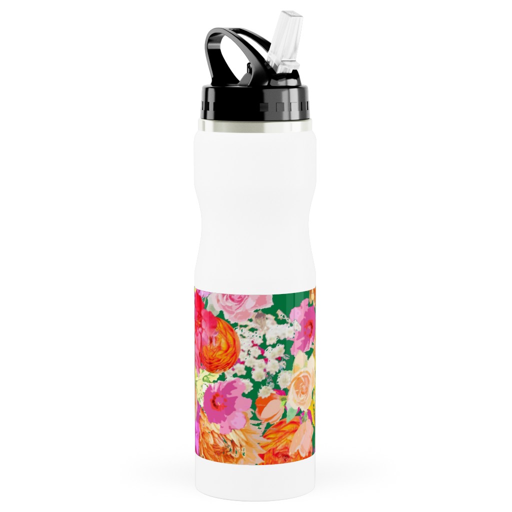 Summer Bright Floral - Kelly Green Stainless Steel Water Bottle with Straw, 25oz, With Straw, Pink