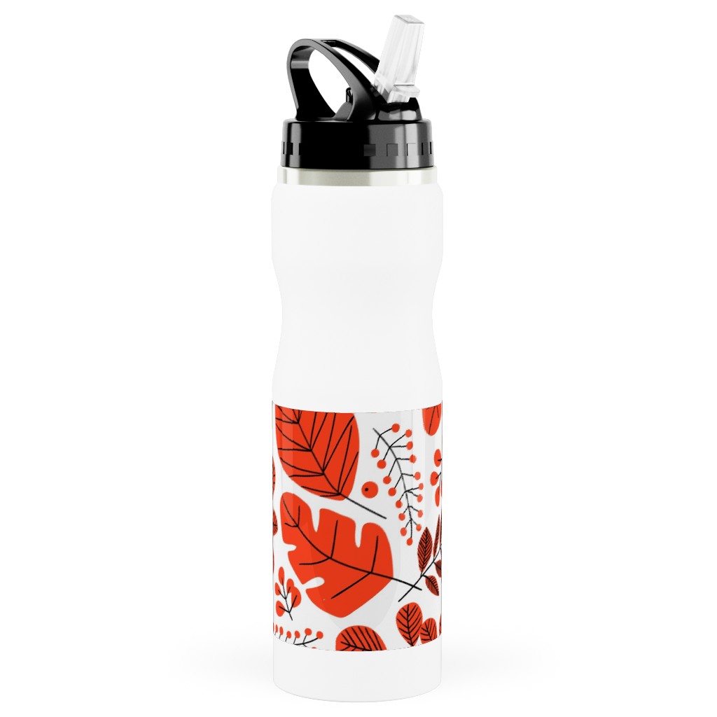 Red Leaves Stainless Steel Water Bottle with Straw, 25oz, With Straw, Red