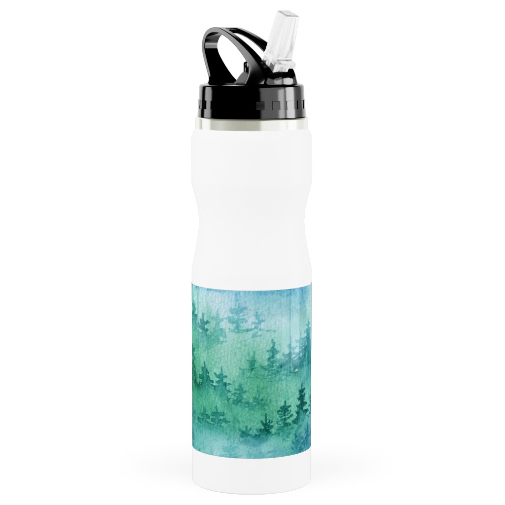 Watercolor Forest - Green and Blue Stainless Steel Water Bottle with Straw, 25oz, With Straw, Green