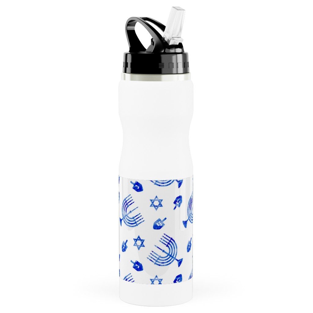 Hanukkah Watercolor Menorah, Dreidel, Star of David - Blue Stainless Steel Water Bottle with Straw, 25oz, With Straw, Blue