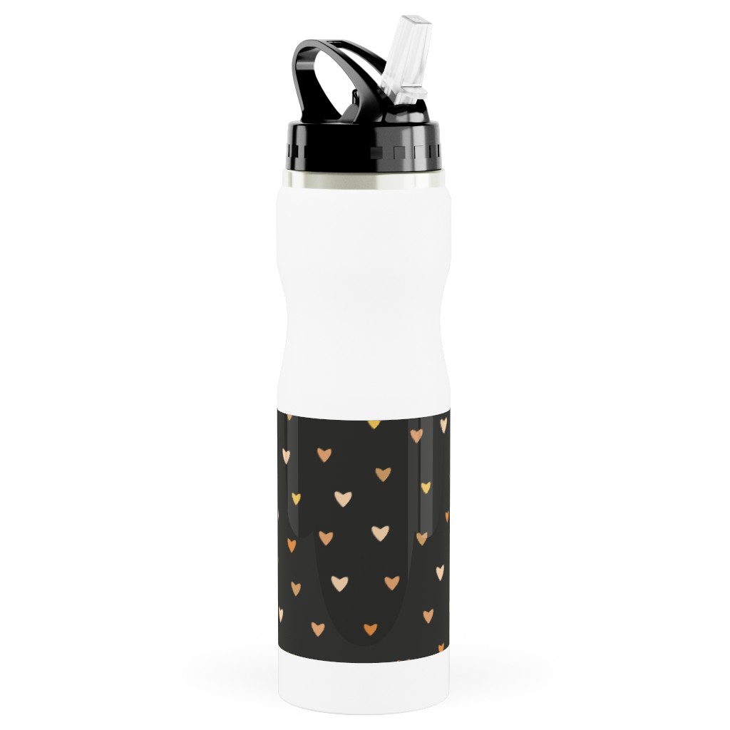 Bronze Hearts - Black Stainless Steel Water Bottle with Straw, 25oz, With Straw, Black