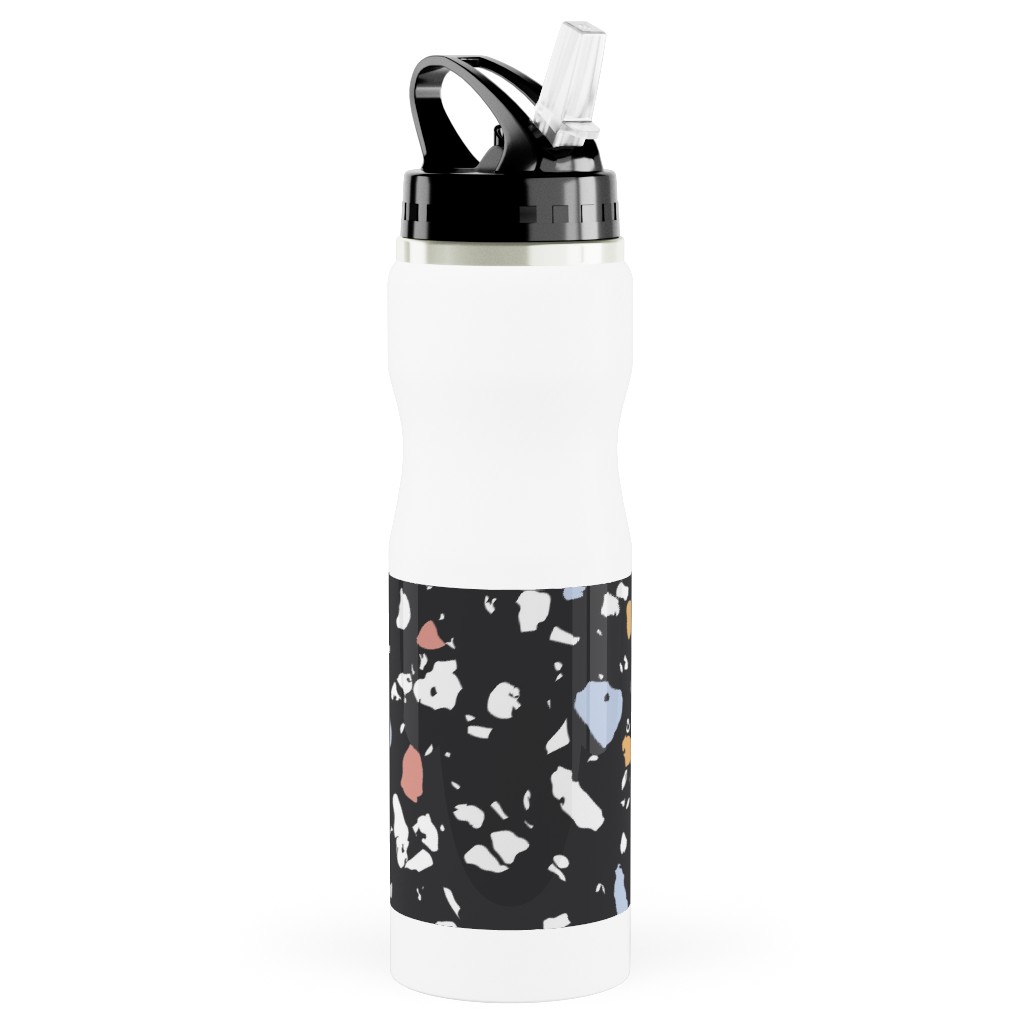 Terrazzo Print - Dark Stainless Steel Water Bottle with Straw, 25oz, With Straw, Black
