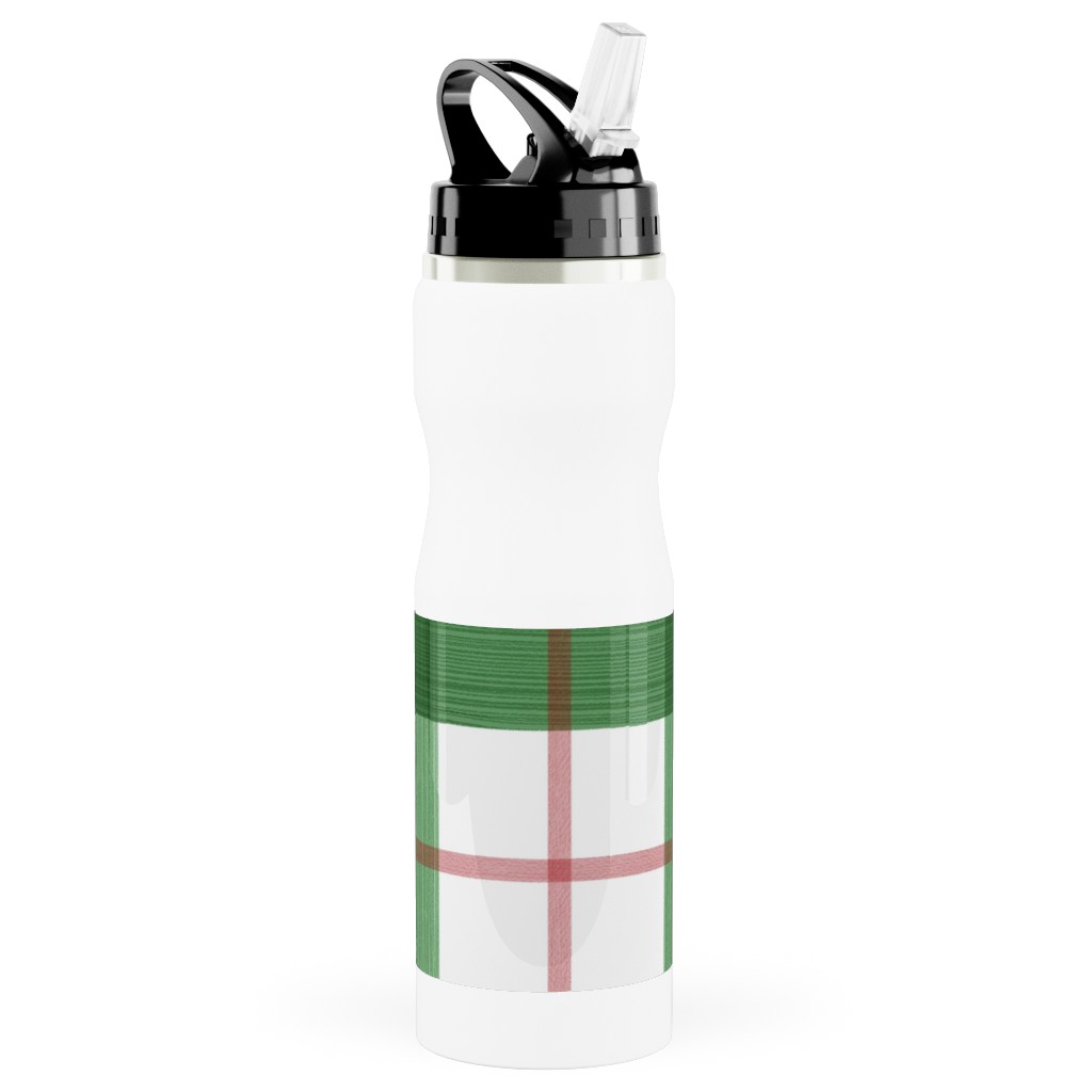 Double Plaid Stainless Steel Water Bottle with Straw, 25oz, With Straw, Green