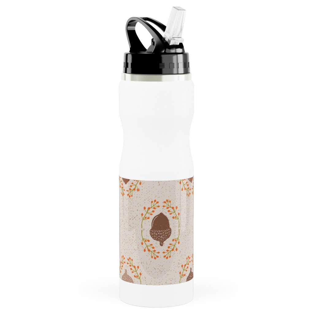 Autumn Acorn Rosehip Textured Damask Stainless Steel Water Bottle with Straw, 25oz, With Straw, Beige
