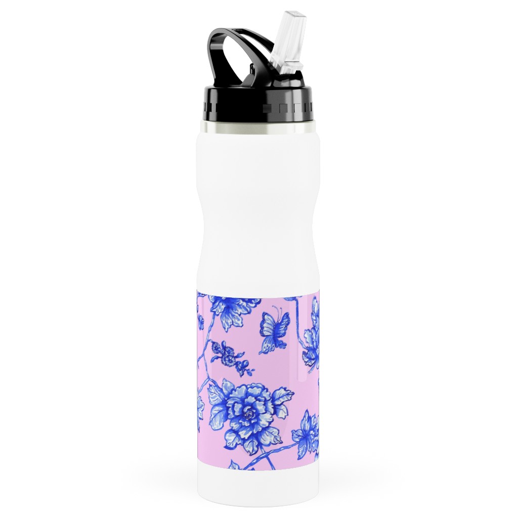 Chinoiserie Floral - Blush Stainless Steel Water Bottle with Straw, 25oz, With Straw, Pink