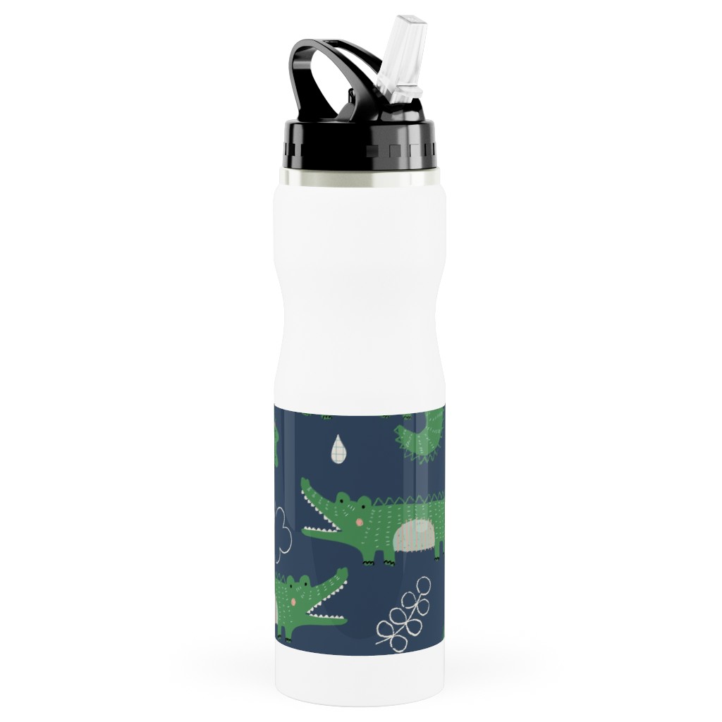 Cute Alligators - Green Stainless Steel Water Bottle with Straw, 25oz, With Straw, Green