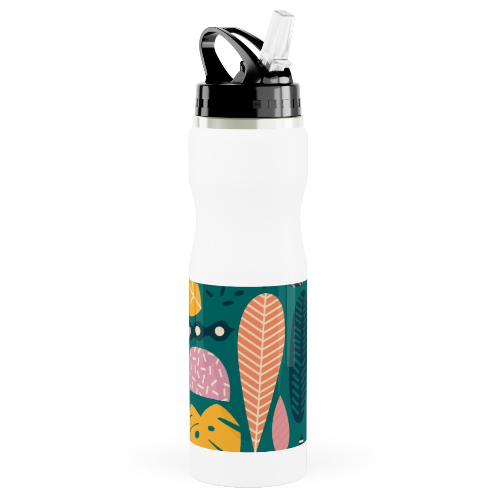 Retro Tropical Pattern Stainless Steel Water Bottle with Straw, 25oz, With Straw, Multicolor, Seaweed