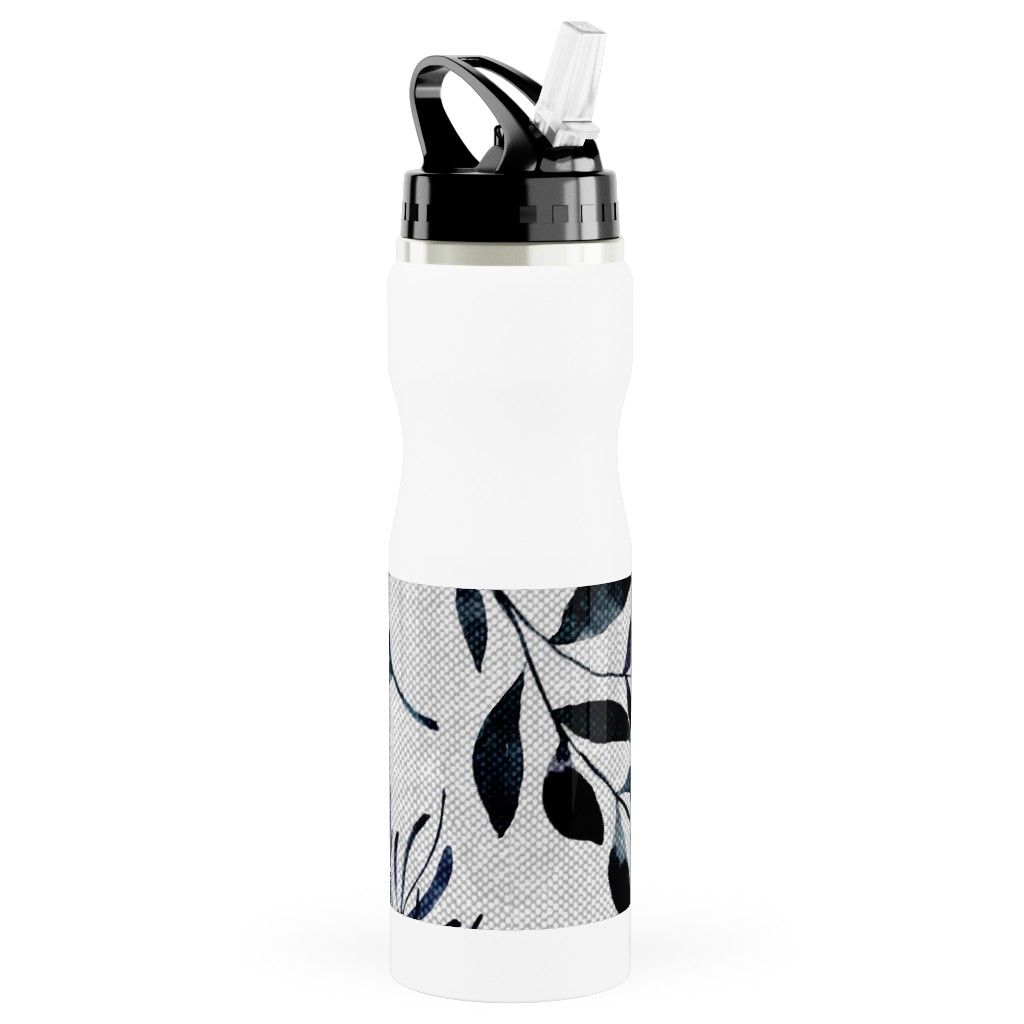 Leaves Nature Botanical Prints Stainless Steel Water Bottle with Straw, 25oz, With Straw, Blue