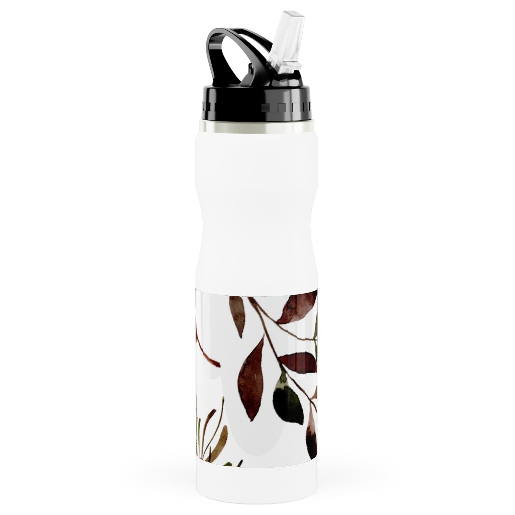 Leaves Nature Botanical Prints Stainless Steel Water Bottle with Straw, 25oz, With Straw, Brown