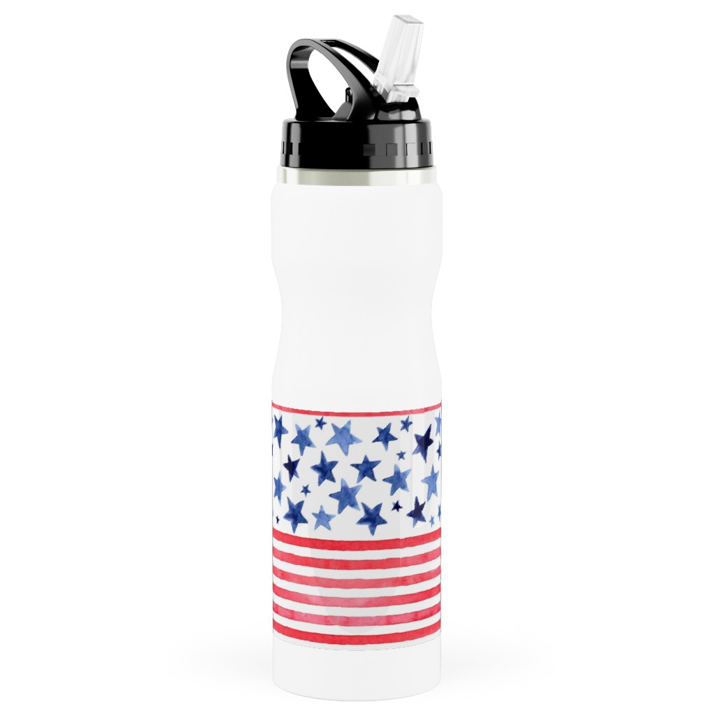Watercolor Stars and Stripes - Red White and Blue Stainless Steel Water Bottle with Straw, 25oz, With Straw, Red