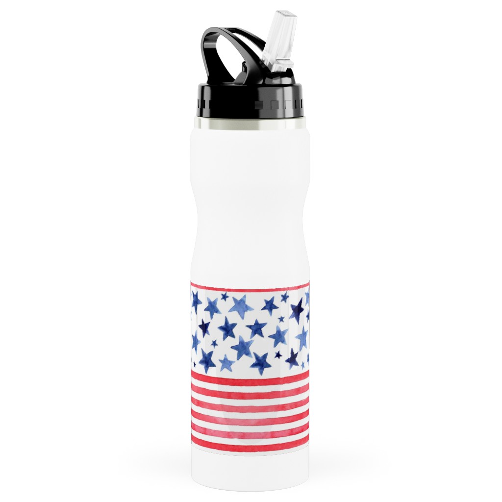 Watercolor Stars and Stripes - Red White and Blue Stainless Steel Water Bottle with Straw, 25oz, With Straw, Red, Red